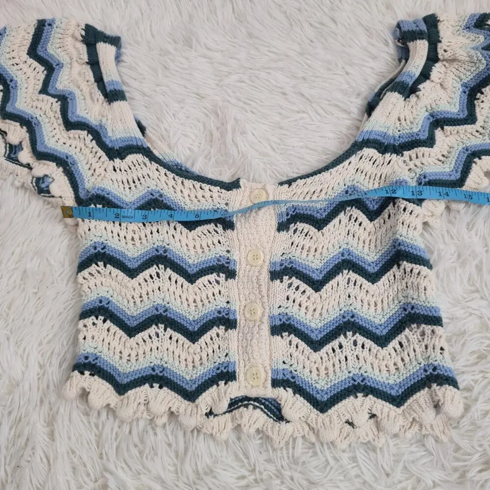 Zara Boho Blue And Cream Striped Crochet Knit Button Up Crop Top